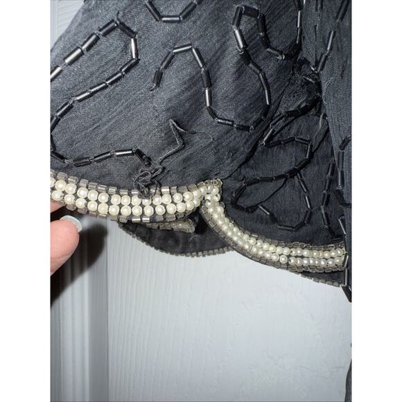 Vintage Lawrence Kazar Sz L Beaded Silk Top Black Gold Silver Embellished Party - Picture 8 of 11